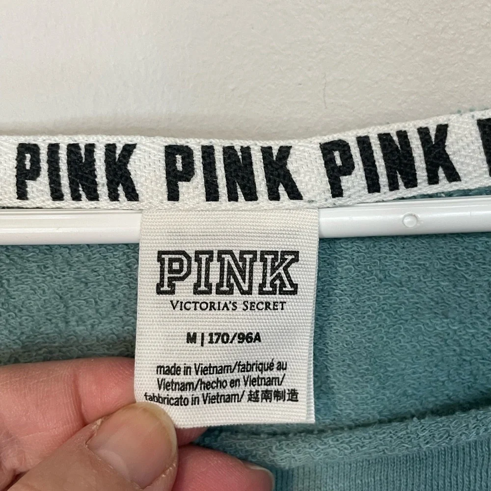 PINK Teal Varsity Oversized Crop Sweatshirt Medium